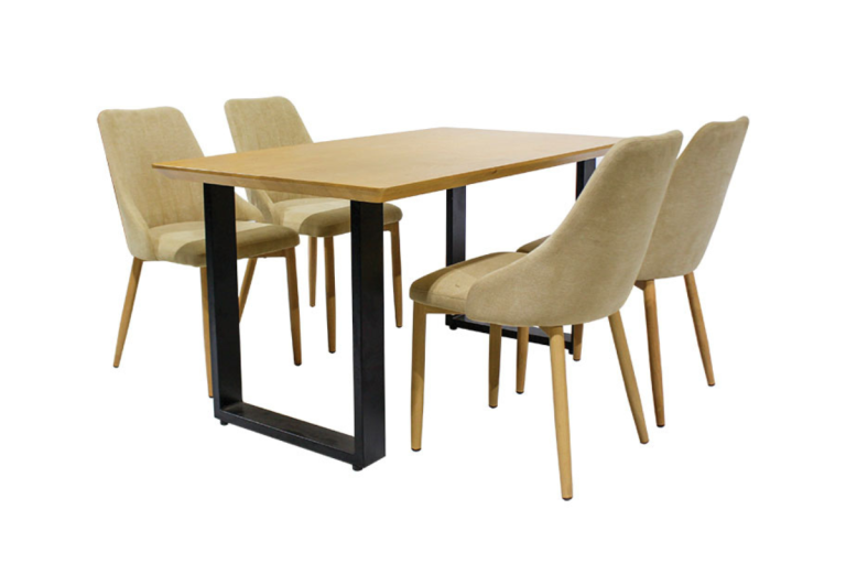 Hình ảnh bộ bàn ăn gồm một bàn gỗ cùng chân sắt và bốn ghế bọc vải tông màu sáng