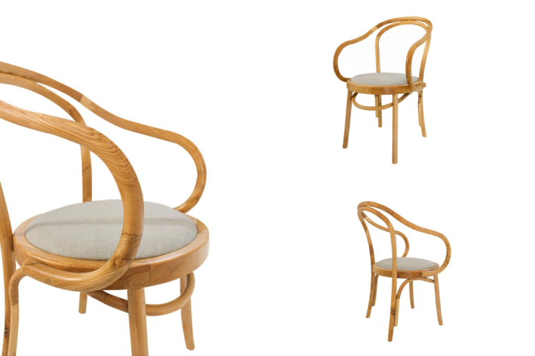 Hình ảnh chiếc ghế gỗ tần bì với thiết kế uốn cong, màu sáng với đệm ngồi tròn, được chụp từ nhiều góc độ khác nhau.